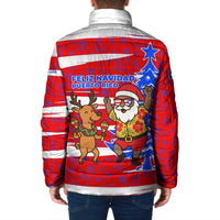 Puerto Rico Christmas Padded Jacket with Dancing Santa Reindeer Blue Tree and Festive Flag Design - Wonder Print Shop
