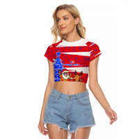 Puerto Rico Christmas Raglan Cropped T Shirt with Dancing Santa Reindeer Blue Tree and Festive Flag Design - Wonder Print Shop