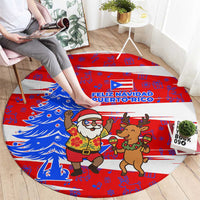 Puerto Rico Christmas Round Carpet with Dancing Santa Reindeer Blue Tree and Festive Flag Design - Wonder Print Shop