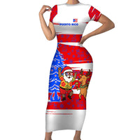 Puerto Rico Christmas Short Sleeve Bodycon Dress with Dancing Santa Reindeer Blue Tree and Festive Flag Design - Wonder Print Shop