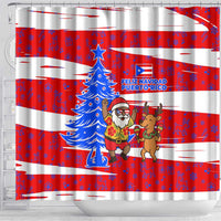 Puerto Rico Christmas Shower Curtain with Dancing Santa Reindeer Blue Tree and Festive Flag Design - Wonder Print Shop