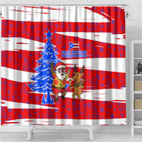 Puerto Rico Christmas Shower Curtain with Dancing Santa Reindeer Blue Tree and Festive Flag Design - Wonder Print Shop