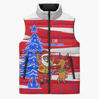 Puerto Rico Christmas Sleeveless Puffer Jacket with Dancing Santa Reindeer Blue Tree and Festive Flag Design - Wonder Print Shop