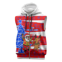 Puerto Rico Christmas Sleeveless Zip Hoodie with Dancing Santa Reindeer Blue Tree and Festive Flag Design - Wonder Print Shop