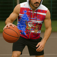 Puerto Rico Christmas Sleeveless Zip Hoodie with Dancing Santa Reindeer Blue Tree and Festive Flag Design - Wonder Print Shop