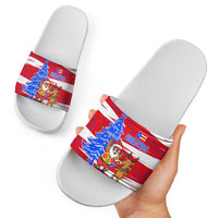 Puerto Rico Christmas Slide Sandals with Dancing Santa Reindeer Blue Tree and Festive Flag Design - Wonder Print Shop