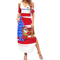 Puerto Rico Christmas Summer Maxi Dress with Dancing Santa Reindeer Blue Tree and Festive Flag Design - Wonder Print Shop