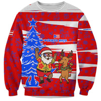 Puerto Rico Christmas Sweatshirt with Dancing Santa Reindeer Blue Tree and Festive Flag Design - Wonder Print Shop