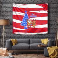 Puerto Rico Christmas Tapestry with Dancing Santa Reindeer Blue Tree and Festive Flag Design - Wonder Print Shop