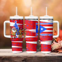Puerto Rico Christmas Tumbler With Handle with Dancing Santa Reindeer Blue Tree and Festive Flag Design - Wonder Print Shop