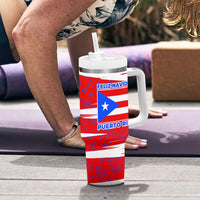 Puerto Rico Christmas Tumbler With Handle with Dancing Santa Reindeer Blue Tree and Festive Flag Design - Wonder Print Shop