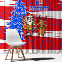 Puerto Rico Christmas Window Curtain with Dancing Santa Reindeer Blue Tree and Festive Flag Design - Wonder Print Shop