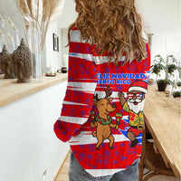 Puerto Rico Christmas Women Casual Shirt with Dancing Santa Reindeer Blue Tree and Festive Flag Design - Wonder Print Shop