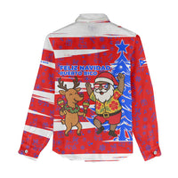 Puerto Rico Christmas Women Casual Shirt with Dancing Santa Reindeer Blue Tree and Festive Flag Design - Wonder Print Shop