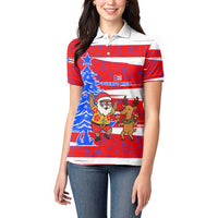 Puerto Rico Christmas Women Polo Shirt with Dancing Santa Reindeer Blue Tree and Festive Flag Design - Wonder Print Shop