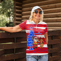 Puerto Rico Christmas Women Polo Shirt with Dancing Santa Reindeer Blue Tree and Festive Flag Design - Wonder Print Shop