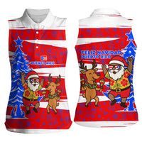 Puerto Rico Christmas Women Sleeveless Polo Shirt with Dancing Santa Reindeer Blue Tree and Festive Flag Design - Wonder Print Shop