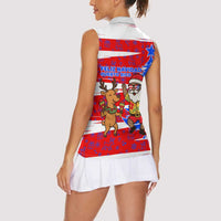 Puerto Rico Christmas Women Sleeveless Polo Shirt with Dancing Santa Reindeer Blue Tree and Festive Flag Design - Wonder Print Shop