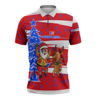 Puerto Rico Christmas Zipper Polo Shirt with Dancing Santa Reindeer Blue Tree and Festive Flag Design - Wonder Print Shop