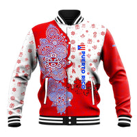 Puerto Rico Christmas Baseball Jacket with Taino Symbols Palm Tree Bongos and Holiday Pattern Design - Wonder Print Shop