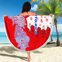 Puerto Rico Christmas Beach Blanket with Taino Symbols Palm Tree Bongos and Holiday Pattern Design - Wonder Print Shop