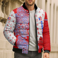 Puerto Rico Christmas Bomber Puffer Jacket with Taino Symbols Palm Tree Bongos and Holiday Pattern Design - Wonder Print Shop
