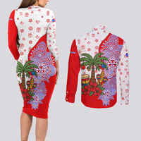Puerto Rico Christmas Couples Matching Long Sleeve Bodycon Dress and Long Sleeve Button Shirt with Taino Symbols Palm Tree Bongos and Holiday Pattern Design - Wonder Print Shop