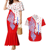 Puerto Rico Christmas Couples Matching Mermaid Dress and Hawaiian Shirt with Taino Symbols Palm Tree Bongos and Holiday Pattern Design - Wonder Print Shop