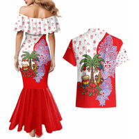 Puerto Rico Christmas Couples Matching Mermaid Dress and Hawaiian Shirt with Taino Symbols Palm Tree Bongos and Holiday Pattern Design - Wonder Print Shop
