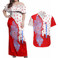 Puerto Rico Christmas Couples Matching Off Shoulder Maxi Dress and Hawaiian Shirt with Taino Symbols Palm Tree Bongos and Holiday Pattern Design - Wonder Print Shop