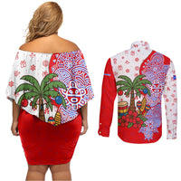 Puerto Rico Christmas Couples Matching Off Shoulder Short Dress and Long Sleeve Button Shirt with Taino Symbols Palm Tree Bongos and Holiday Pattern Design - Wonder Print Shop
