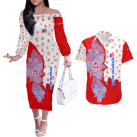 Puerto Rico Christmas Couples Matching Off The Shoulder Long Sleeve Dress and Hawaiian Shirt with Taino Symbols Palm Tree Bongos and Holiday Pattern Design - Wonder Print Shop