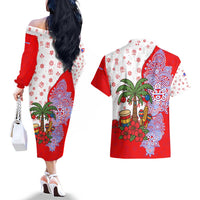 Puerto Rico Christmas Couples Matching Off The Shoulder Long Sleeve Dress and Hawaiian Shirt with Taino Symbols Palm Tree Bongos and Holiday Pattern Design - Wonder Print Shop