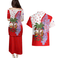 Puerto Rico Christmas Couples Matching Puletasi and Hawaiian Shirt with Taino Symbols Palm Tree Bongos and Holiday Pattern Design - Wonder Print Shop