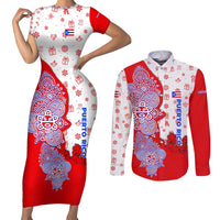 Puerto Rico Christmas Couples Matching Short Sleeve Bodycon Dress and Long Sleeve Button Shirt with Taino Symbols Palm Tree Bongos and Holiday Pattern Design - Wonder Print Shop
