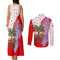 Puerto Rico Christmas Couples Matching Tank Maxi Dress and Long Sleeve Button Shirt with Taino Symbols Palm Tree Bongos and Holiday Pattern Design - Wonder Print Shop