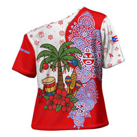 Puerto Rico Christmas Cross Shoulder Shirt with Taino Symbols Palm Tree Bongos and Holiday Pattern Design - Wonder Print Shop