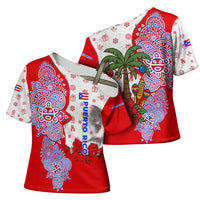 Puerto Rico Christmas Cross Shoulder Shirt with Taino Symbols Palm Tree Bongos and Holiday Pattern Design - Wonder Print Shop