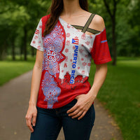 Puerto Rico Christmas Cross Shoulder Shirt with Taino Symbols Palm Tree Bongos and Holiday Pattern Design - Wonder Print Shop