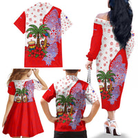 Puerto Rico Christmas Family Matching Off The Shoulder Long Sleeve Dress and Hawaiian Shirt with Taino Symbols Palm Tree Bongos and Holiday Pattern Design - Wonder Print Shop