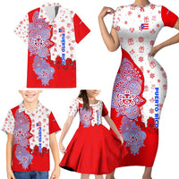 Puerto Rico Christmas Family Matching Short Sleeve Bodycon Dress and Hawaiian Shirt with Taino Symbols Palm Tree Bongos and Holiday Pattern Design - Wonder Print Shop