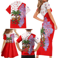 Puerto Rico Christmas Family Matching Short Sleeve Bodycon Dress and Hawaiian Shirt with Taino Symbols Palm Tree Bongos and Holiday Pattern Design - Wonder Print Shop