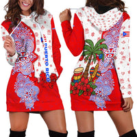 Puerto Rico Christmas Hoodie Dress with Taino Symbols Palm Tree Bongos and Holiday Pattern Design - Wonder Print Shop