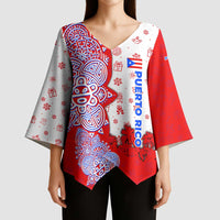 Puerto Rico Christmas Kimono Sleeve Blouse with Taino Symbols Palm Tree Bongos and Holiday Pattern Design - Wonder Print Shop