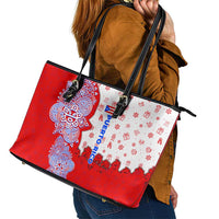 Puerto Rico Christmas Leather Tote Bag with Taino Symbols Palm Tree Bongos and Holiday Pattern Design - Wonder Print Shop