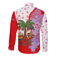 Puerto Rico Christmas Long Sleeve Button Shirt with Taino Symbols Palm Tree Bongos and Holiday Pattern Design - Wonder Print Shop