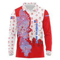 Puerto Rico Christmas Long Sleeve Polo Shirt with Taino Symbols Palm Tree Bongos and Holiday Pattern Design - Wonder Print Shop