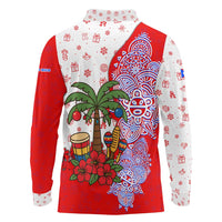 Puerto Rico Christmas Long Sleeve Polo Shirt with Taino Symbols Palm Tree Bongos and Holiday Pattern Design - Wonder Print Shop