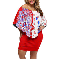 Puerto Rico Christmas Off Shoulder Short Dress with Taino Symbols Palm Tree Bongos and Holiday Pattern Design - Wonder Print Shop