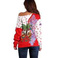Puerto Rico Christmas Off Shoulder Sweater with Taino Symbols Palm Tree Bongos and Holiday Pattern Design - Wonder Print Shop